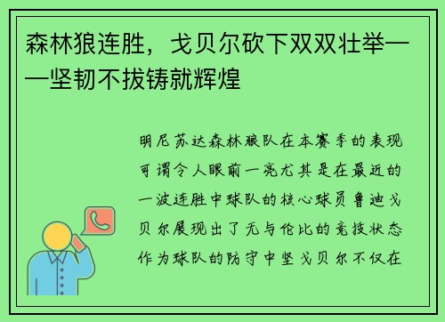 森林狼连胜，戈贝尔砍下双双壮举——坚韧不拔铸就辉煌