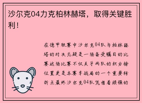 沙尔克04力克柏林赫塔，取得关键胜利！